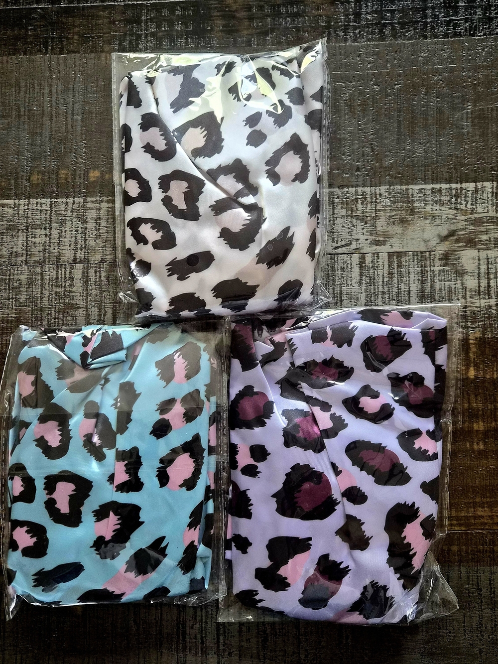 Set of 3 Adult Hair Bonnets with Wrap Around Ties ~ Colorful Leopard Prints New